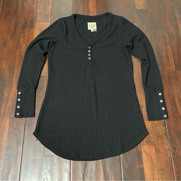Chaser Tops - Chaser Black Long Sleeve Henley Waffle Knit Thermal Sweater Shirt Size Small
